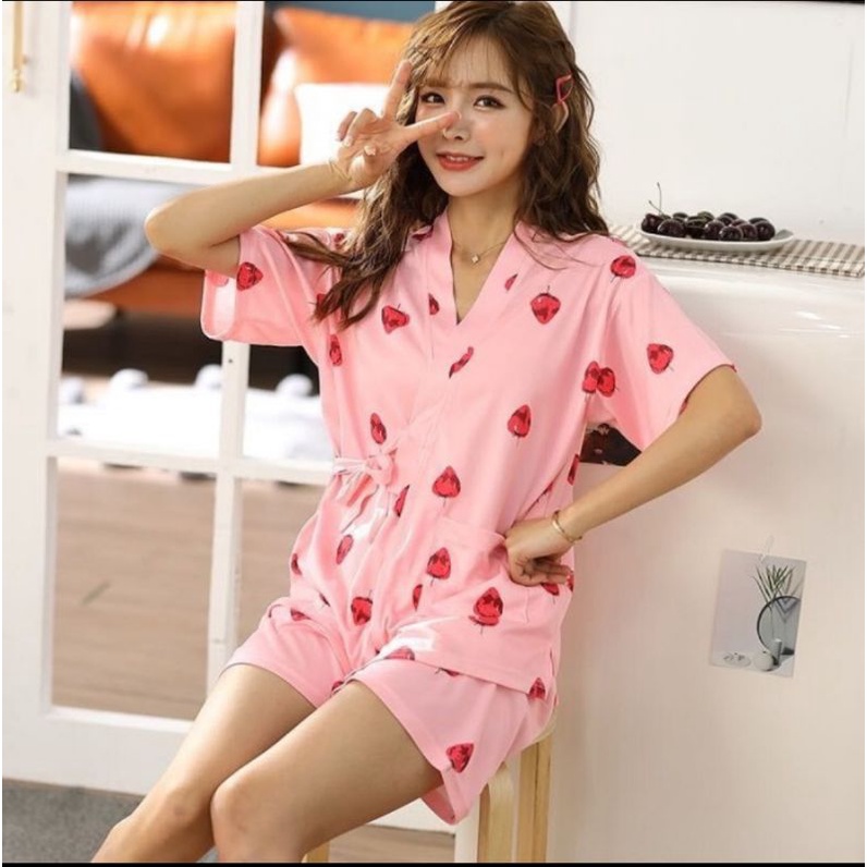 BAJU TIDUR WANITA KIMONO IMPORT SET PENDEK