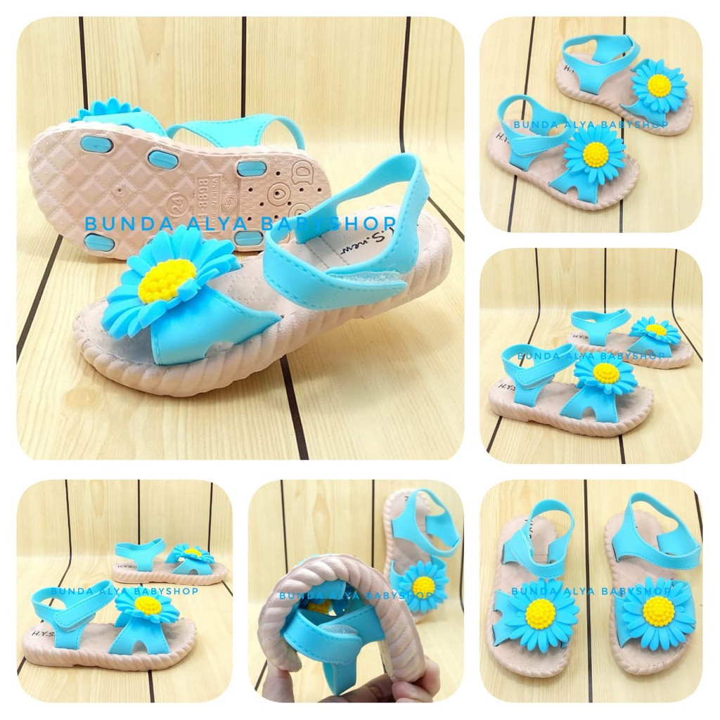 Sendal Anak Perempuan IMPORT Usia 2 3 4 Tahun BIRU Elastis Motif Bunga - Sepatu Sandal Anak Cewek Lentur Bunga Kuning Alas Karet Anti Licin