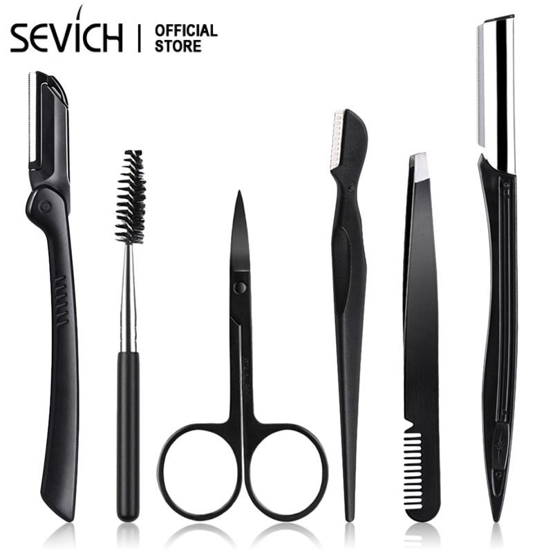 Sevich 6pcs Set Pinset Gunting Pemangkasan Alis Portabel Bahan Stainless Steel Warna Hitam Untuk Makeup 6pcs