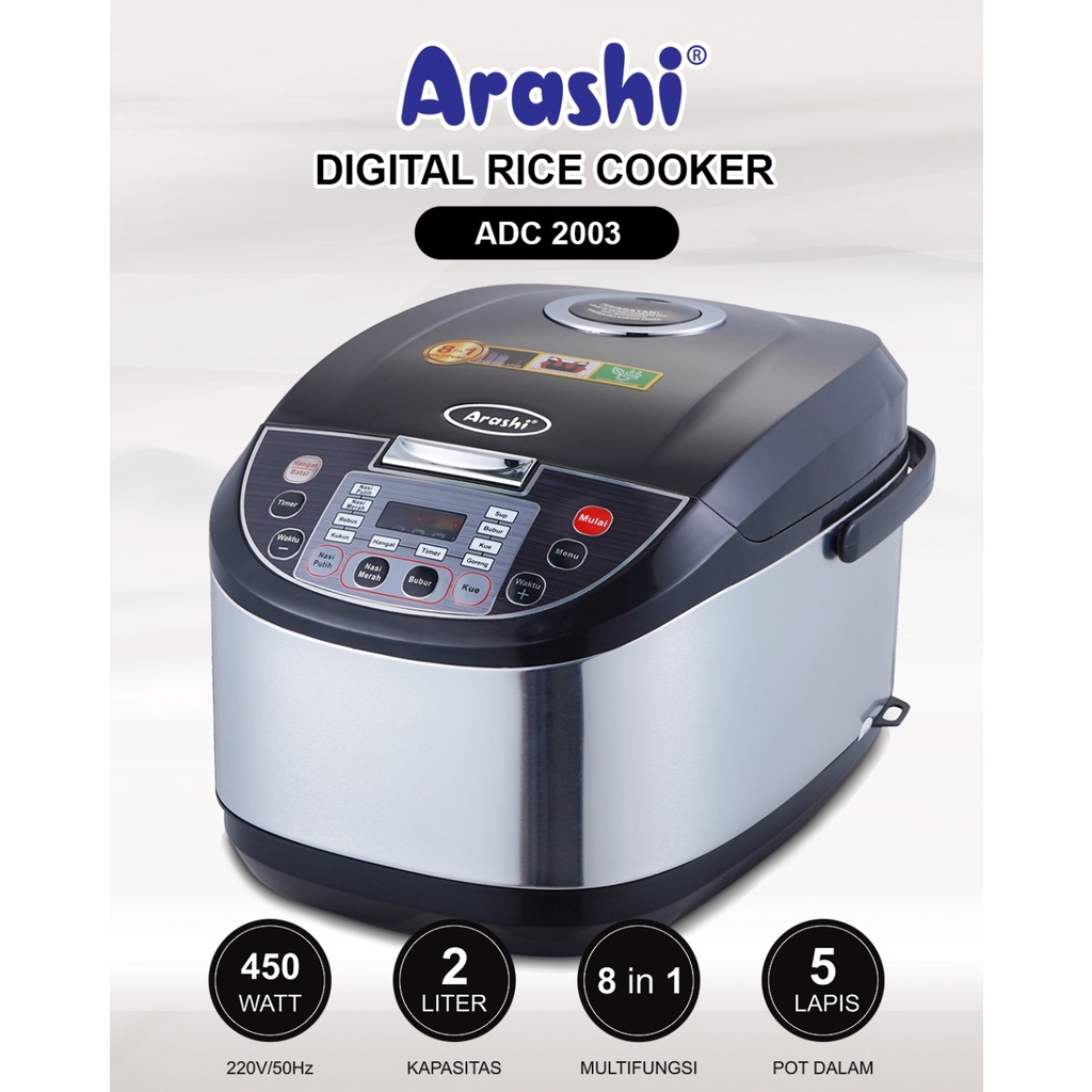 FLASH SALE!! Penanak Nasi Serbaguna 8 in 1 ARASHI/ Rice Cooker Digital Multifungsi ARASHI ADC 2003