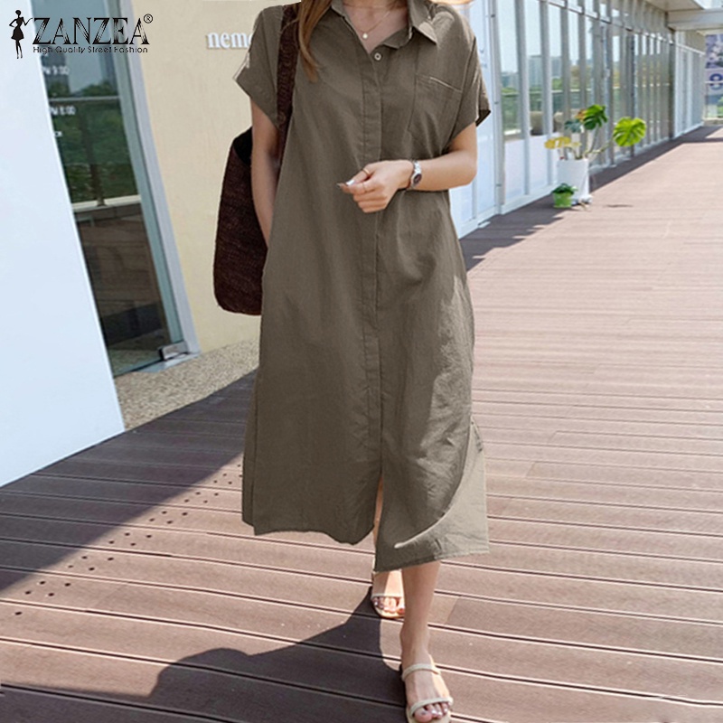 ZANZEA Women Fashion Casual Cotton Button Down Split Hem Solid Maxi Dress