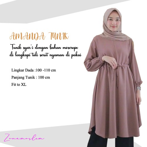 TUNIK MUSLIM AMANDA BAHAN MOSCREPE PREMIUM DENGAN TALI SERUT ATASAN WANITA TUNIK TERBARU