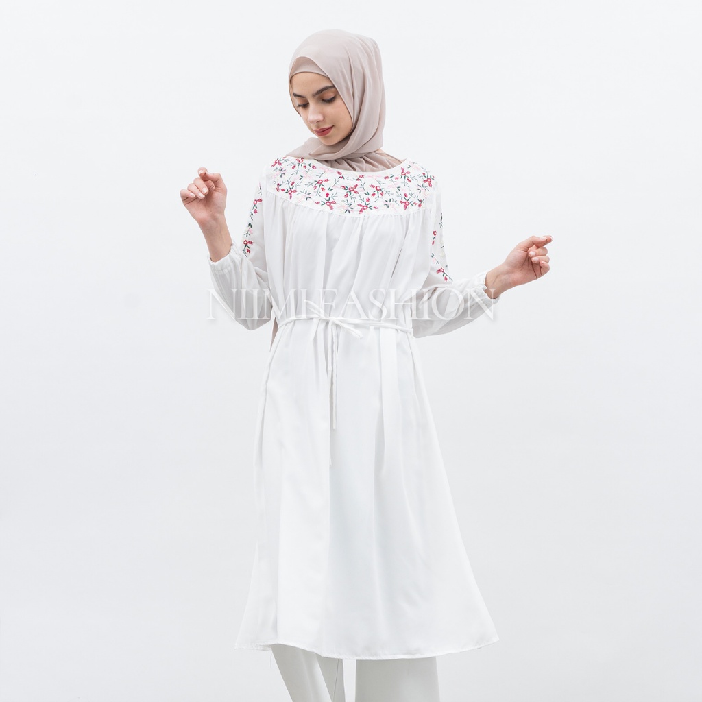 NIMI - Madina Dres Midi Dress Putih Bordir Tunik Putih Premium