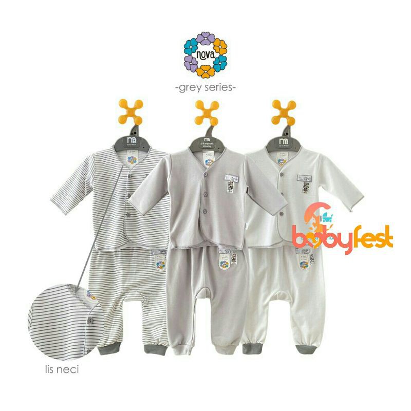 Nova Setelan Baju Bayi Lengan Panjang Celana Panjang 0-3 Bulan (GREY SERIES)
