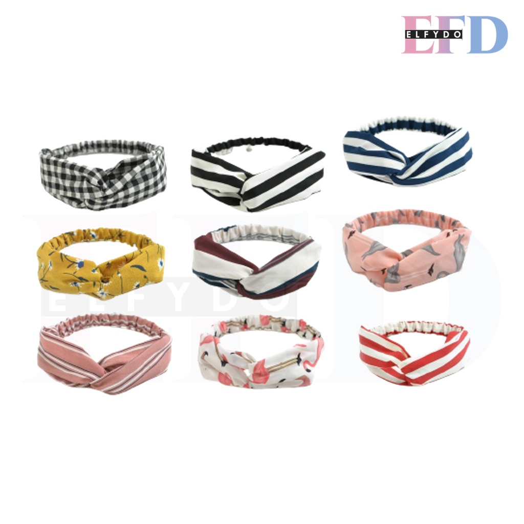 ELFYDO Bando Motif Wanita Korea Headband Bandana Simpul Cewek Fashion