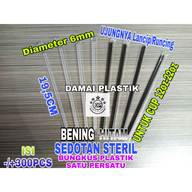 Sedotan Plastik 6mm 20cm Steril Hitam 300btng Bungkus Hegenies Kopi Lurus Lancip Runcing 6 mm 20 cm