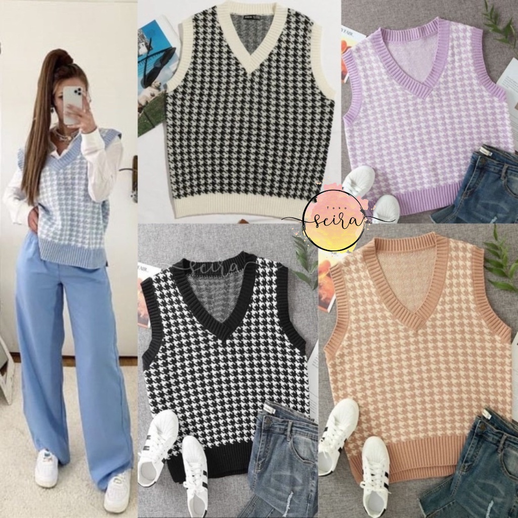 [BISA COD] Jennie Vest Rajut / Houndstooth Vest / Rompi Korea / Jennie Blackpink Vest Knit