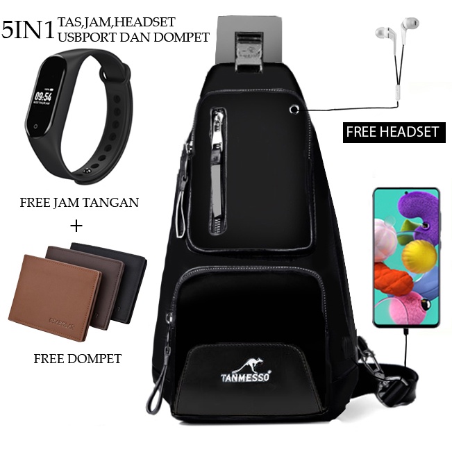 TANMESO 5IN1 BAYAR DITEMPAT- JAM LED -HEADSET- DOMPET -BAHAN GLOOSY PREMIUM BUKAN KANVAS ATAU PARASUT-USBPORT -TAS WATERPROOF-TAS SELEMPANG PRIA-SLING BAG PRIA