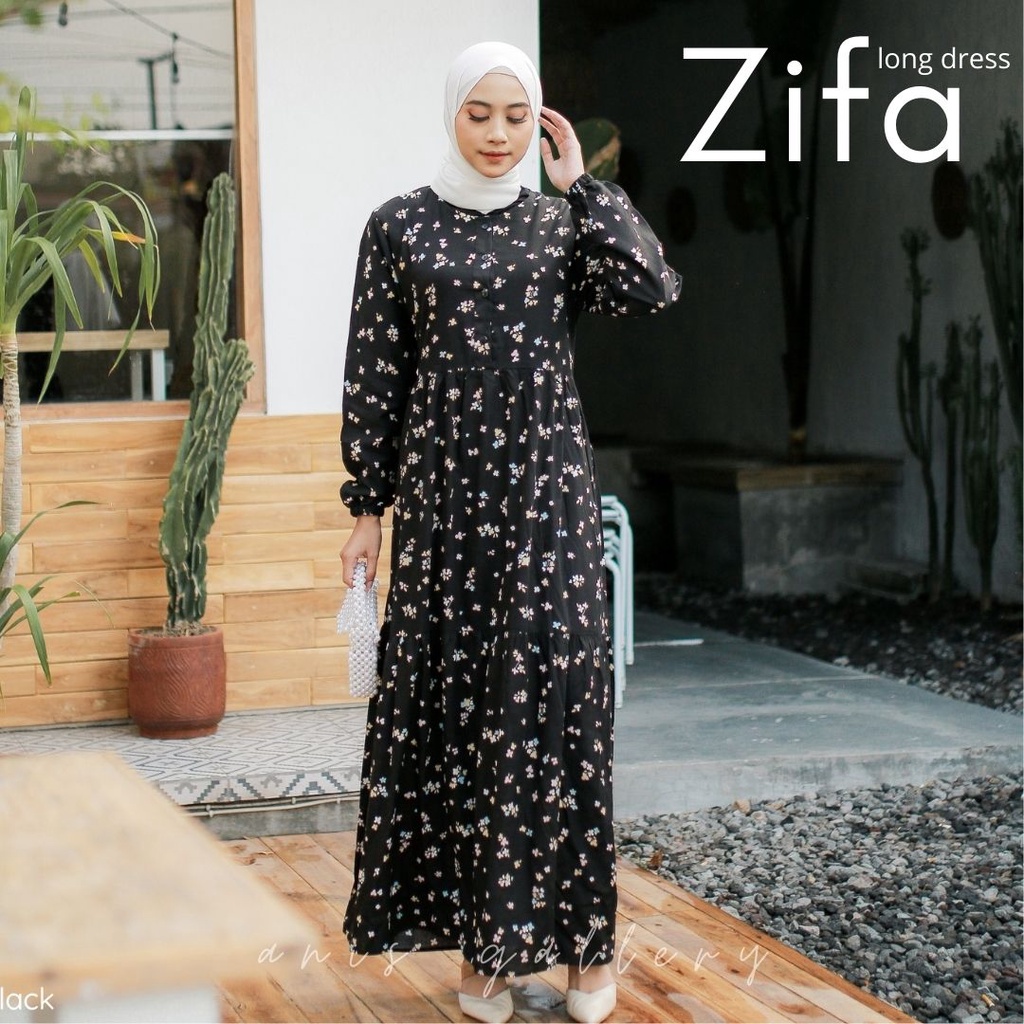 Gamis Wanita Zifa Long Dress Bahan Katun Rayon Motif Bunga Murah