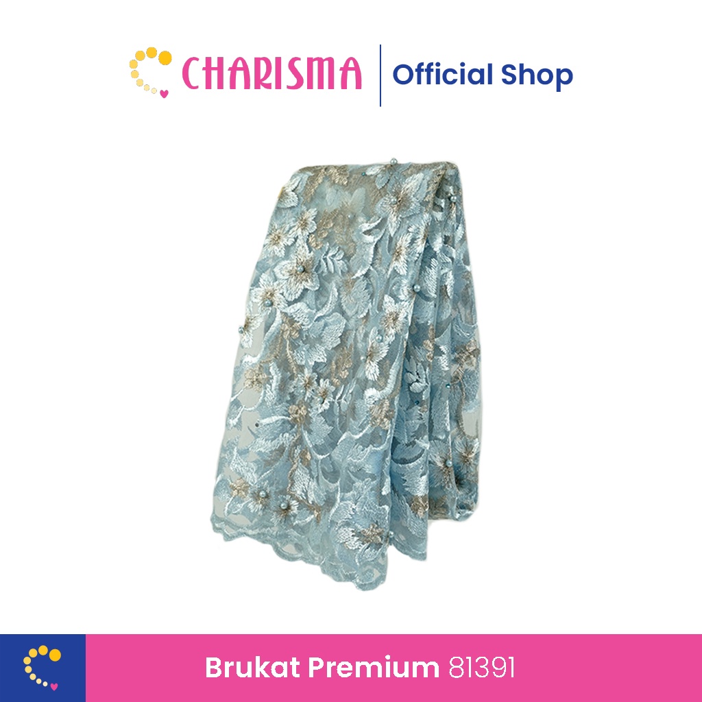 Charisma Bahan Kain Brukat Premium - Brukat Bunga Biru Emas - 81391