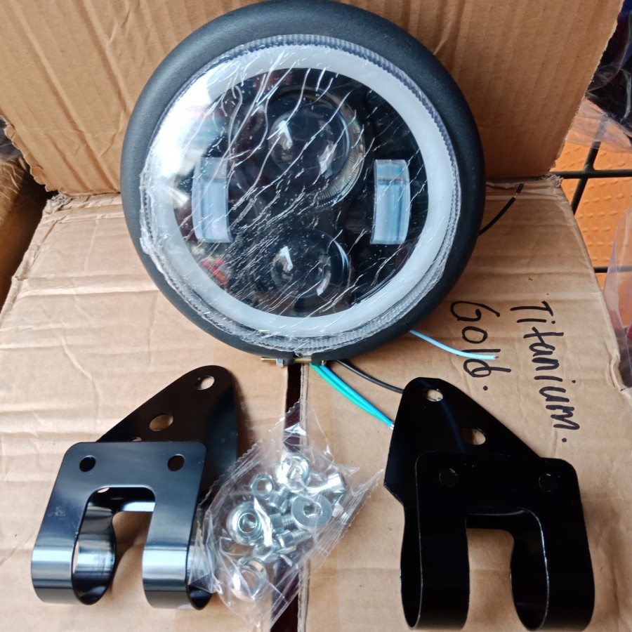 HEADLAMP ANGEL EYE DAN DUDUKAN KUPING BRACKET LAMPU DEPAN MOTOR CUSTOM BULAT DAYMAKER JAPSTYLE