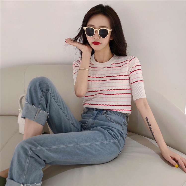 XIAOZHAINV Korean Style Knit Stripe Kaos Atasan Wanita 3203