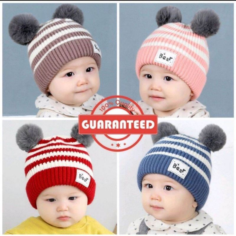 Kupluk pompom rajut anak Label bear salur/kupluk pompom anak/kupluk anak trendy