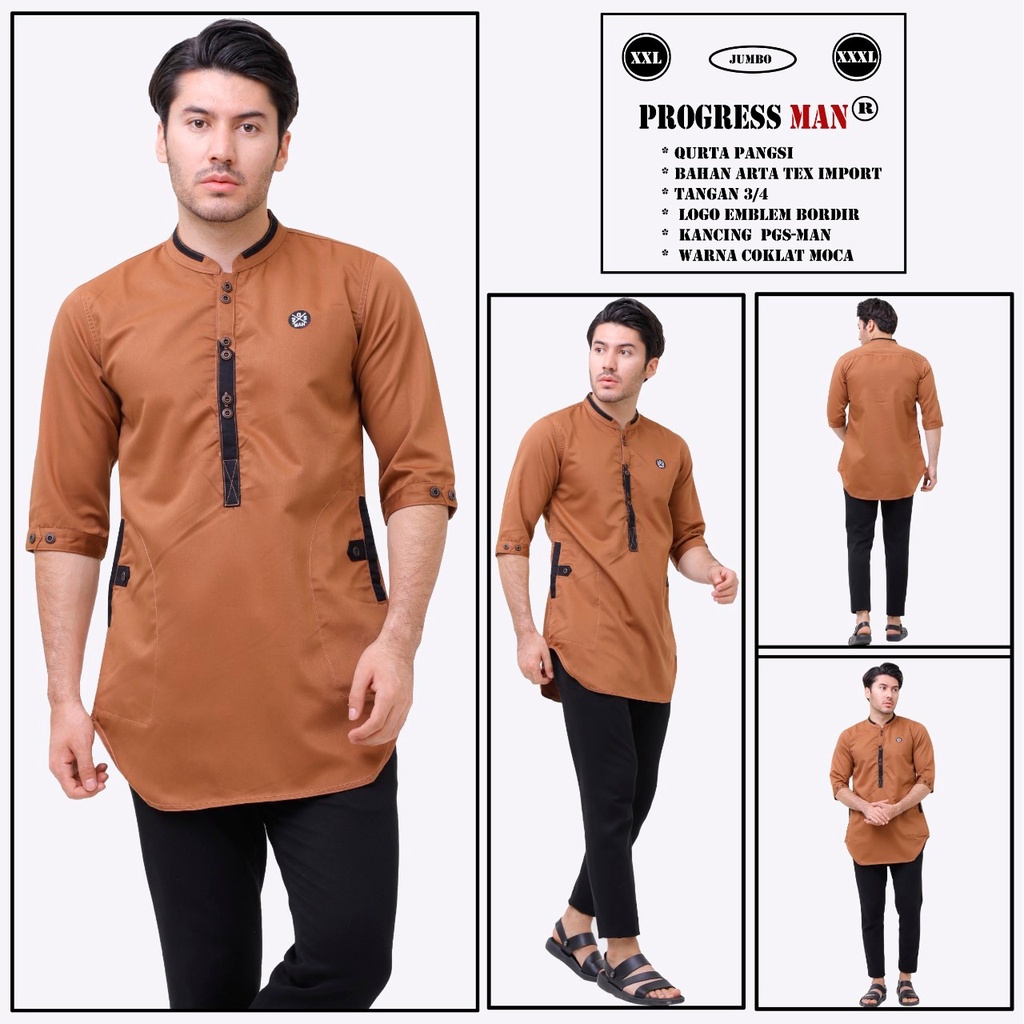 PROGRESS MAN baju koko pria lengan tiga perempat koko kurta pangsi jumbo kemeja koko pria lengan tiga perempat koko kurta pangsi big size baju kurta pangsi dewasa logo bordir Abu Muda P4N9S307