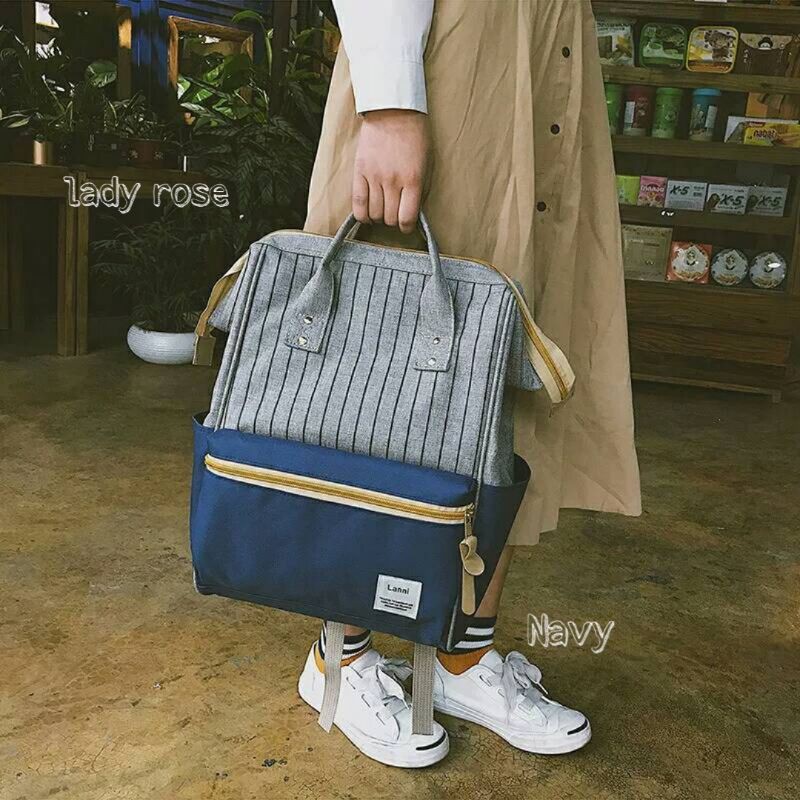 Tas Ransel Batam Wanita Cantik Annelo garis Tas Ransel Cewek Backpack Sekolah Remaja Wanita Perempuan Korea SMARansel sekolah motif-Navy