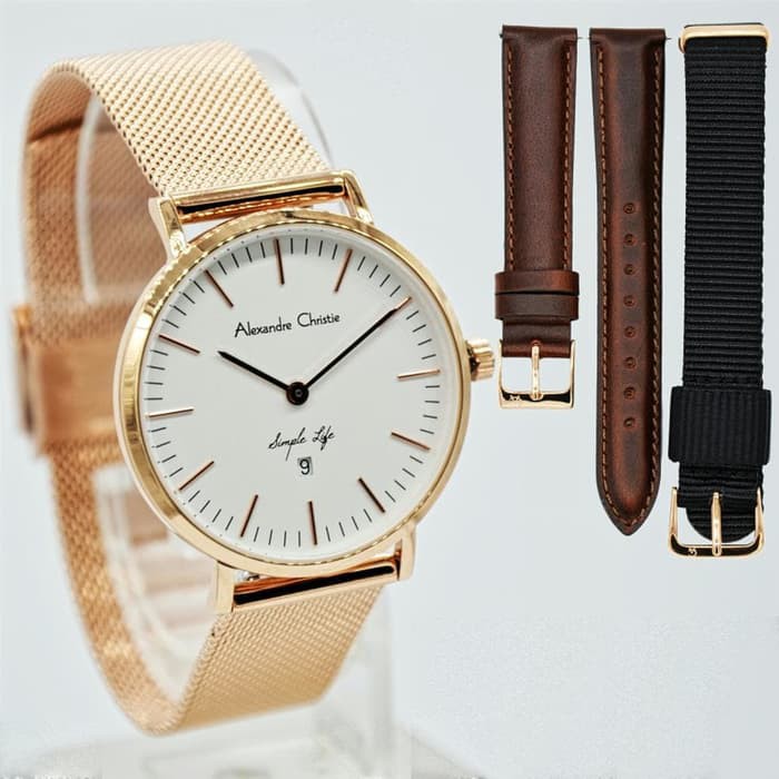 JUAL JAM BRENDED WANITA MURAH I  ALEXANDRE CHRISTIE AC 8566 WANITA ROSEGOLD WHITE RANTAI PASIR