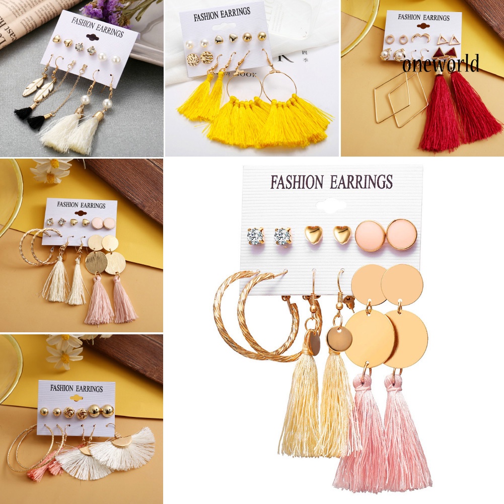 OW@ 6Pcs/Set Bohemia Women Tassel Hook Earrings Ear Stud Set Jewelry Accessories