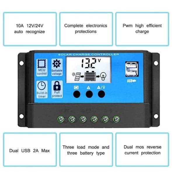 10A LCD PWM Solar Panel Charge Controller With Dual USB 5V