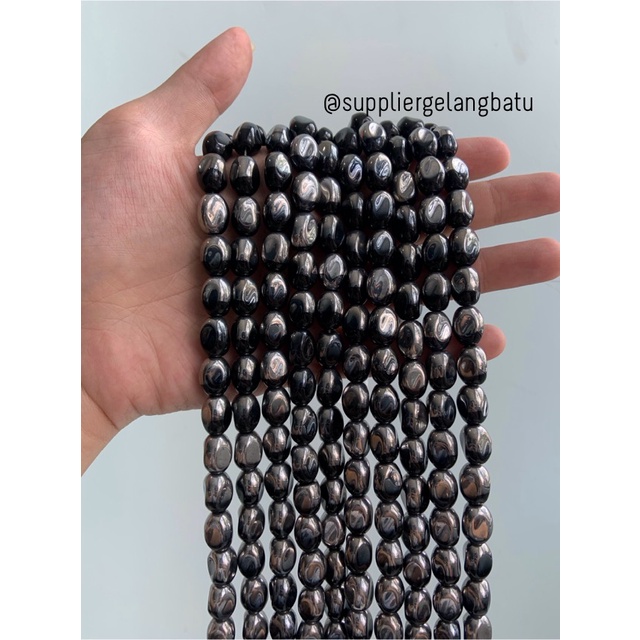 kristal CEKO KACANG SILVER BLACK 10mm hitam perak oval cutting string