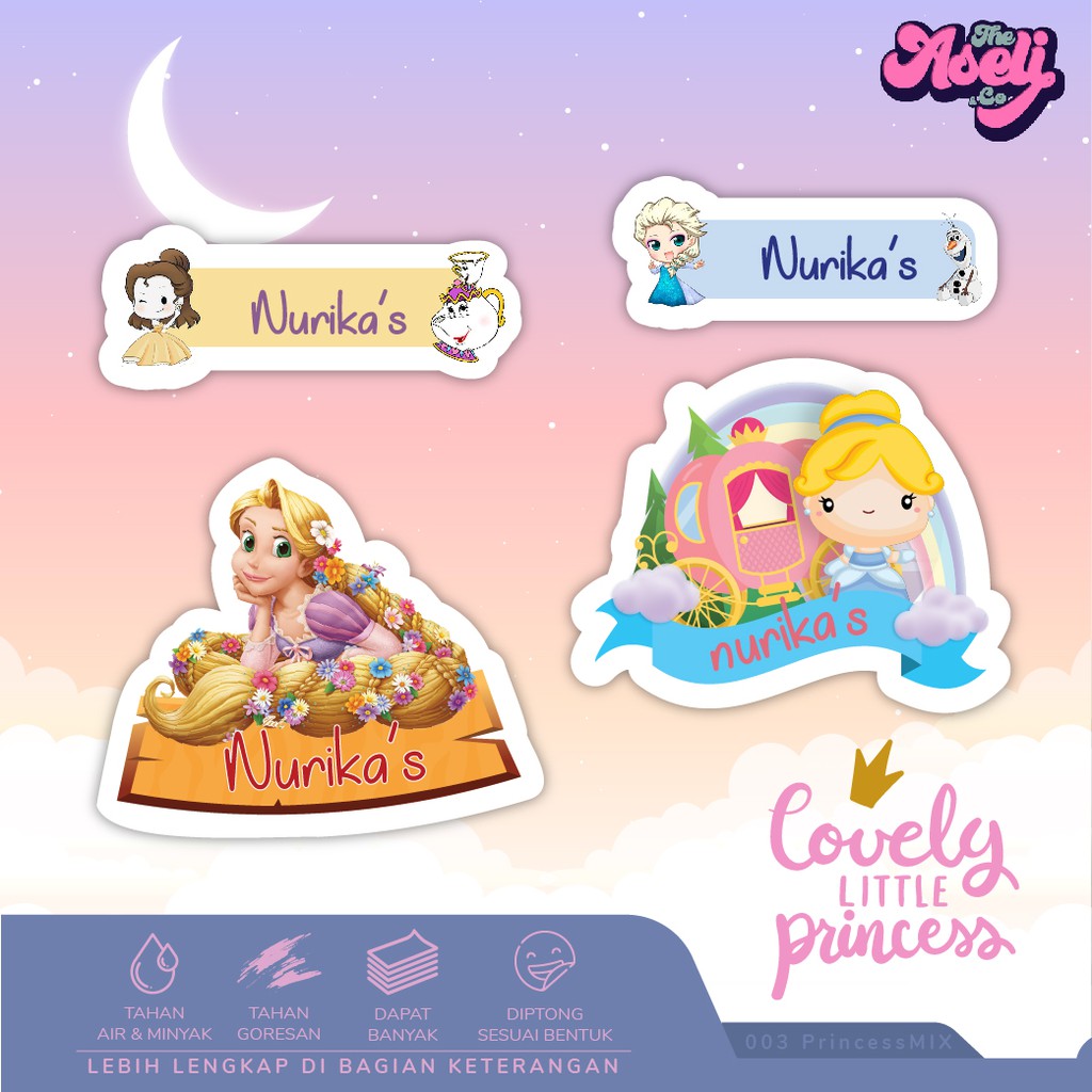 

Stiker label nama anak custom Frozen, Princess Cute