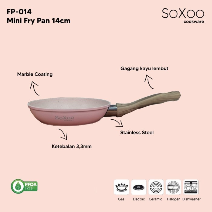 Soxoo Fry Pan Mini Ceramic 14 cm Panci Penggorengan Marble Pink FP-014