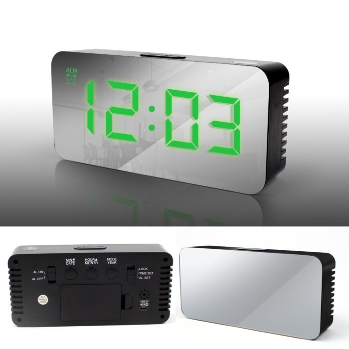 Jam Meja Digital Alarm Clock Mirror DS-3622 Weker Led Hijau