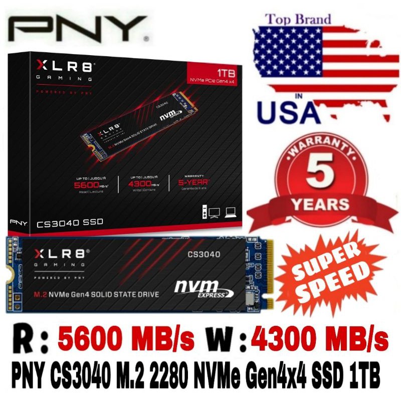 PNY NVME SSD 1TB M.2 PCIE GEN4X4 R 5600MB/s W 4300MB/s XLR8 CS3040