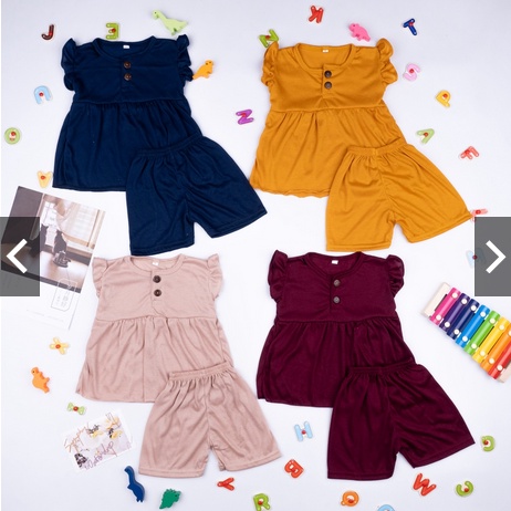 Setelan Anak Sofie Kancing Perempuan / Setelan Ruffle Polos Kancing / Baju Anak Perempuan