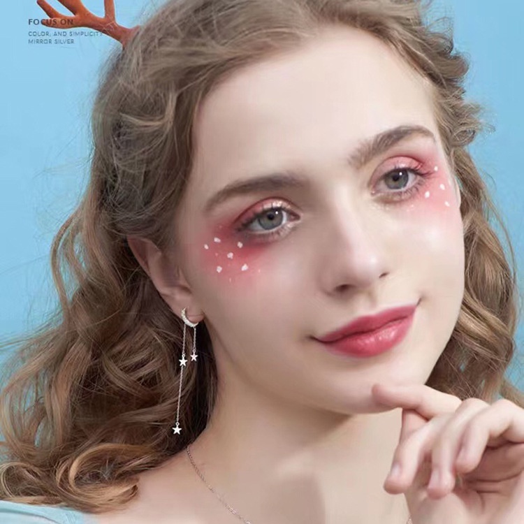 Anting Stud 925 Silver Needle Bentuk Bulan Bintang Rumbai Asimetris Gaya Minimalis