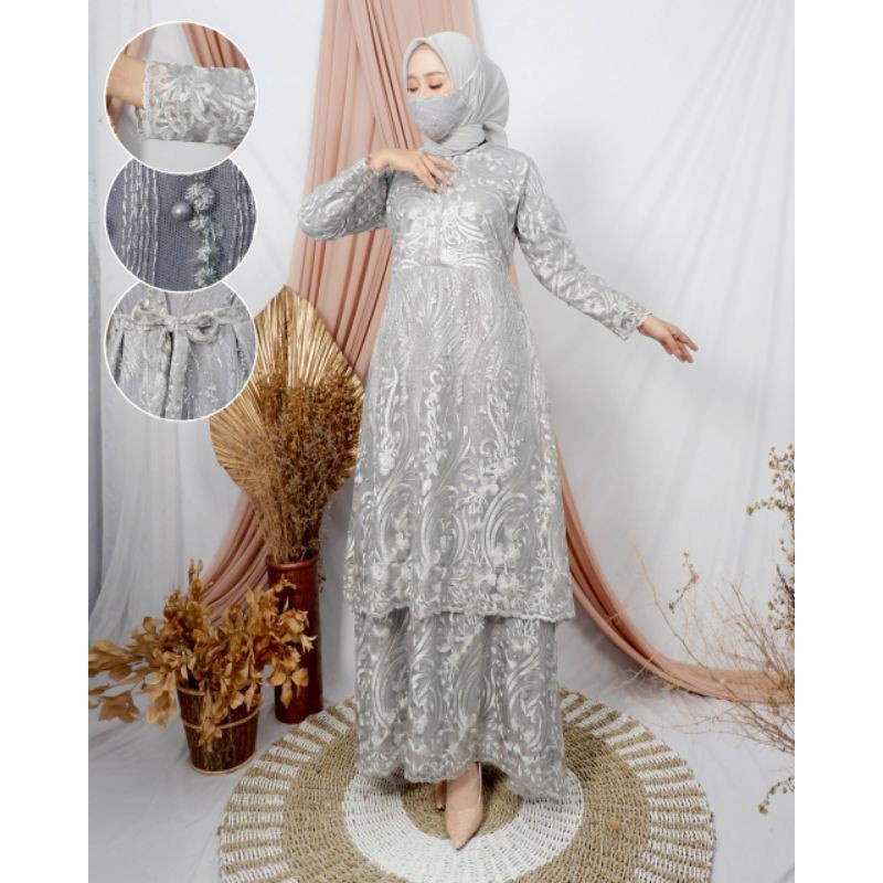 Gamis Brukat Jumbo - Gamis Brukat Malaysia - Gamis Brukat Terbaru  (FREE HIJAB)-Silver