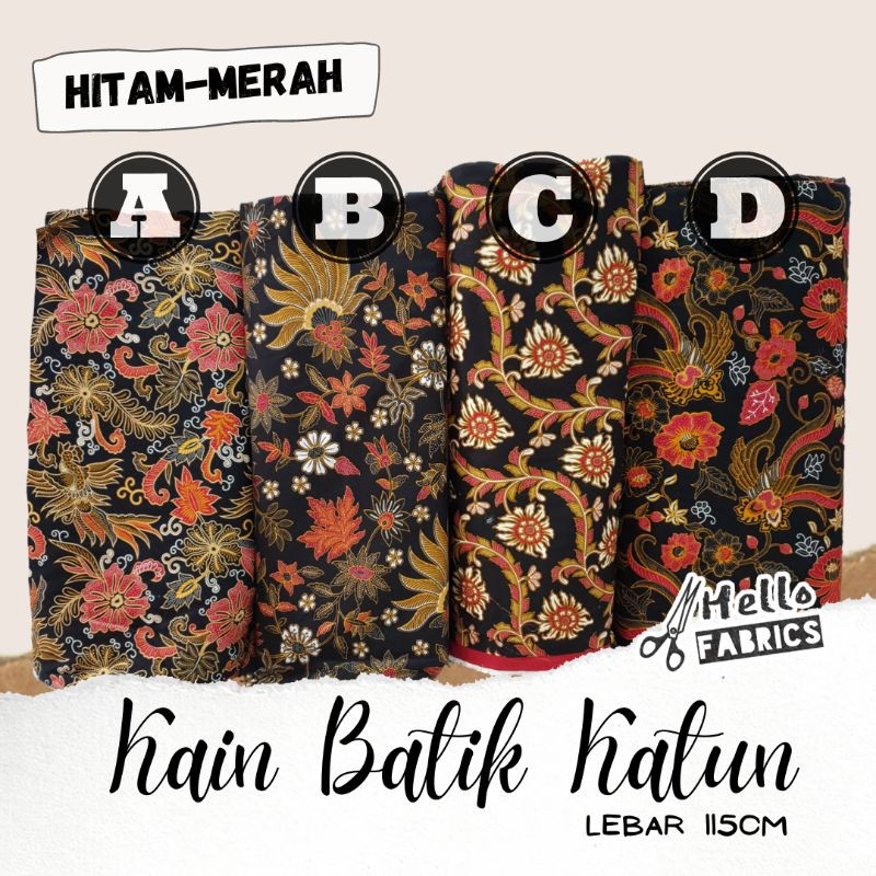 Kain Batik Katun Meteran Warna Dasar Hitam Motif Merah