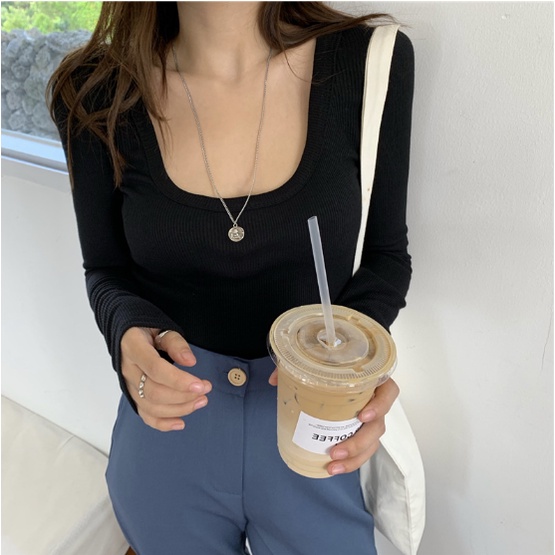 GirlWish Fashion Korean Crop Knit Top Long Sleeve U-Neck Knit Top Atasan Crop Lengan Panjang Atasan Wanita LS001