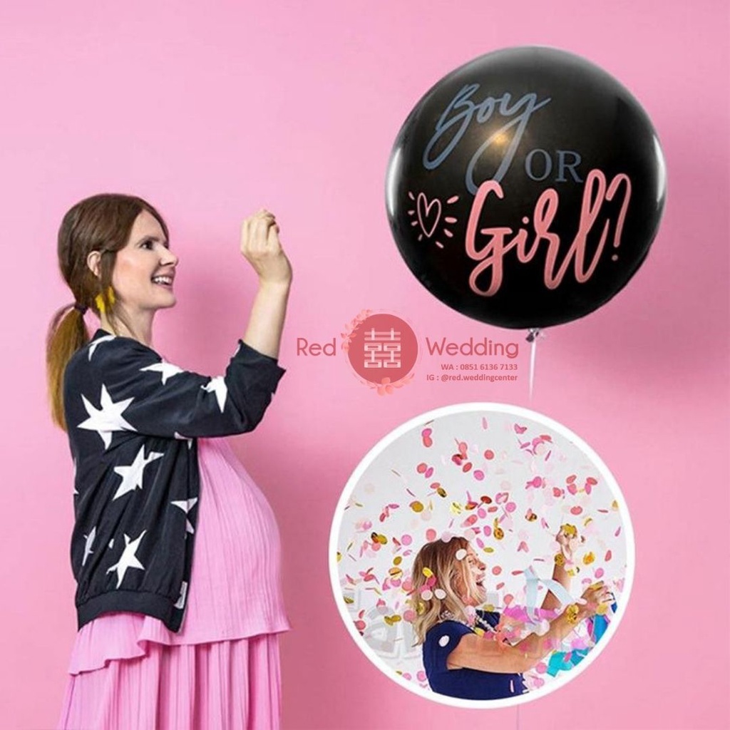 Paket Balon Hitam Gender Reveal dengan tulisan Boy or Girl termasuk isian tabur