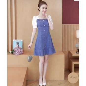 Baju Dress Wanita Shalia Denim Kombinasi Moscrepe Remaja Dewasa Trendy Kekinian Terbaru 2022 Gaun Pe