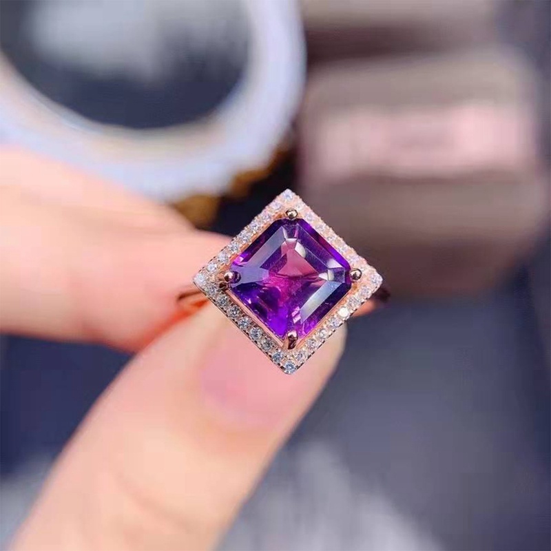 Cincin Wanita Hias Zircon AAA Bentuk Persegi Warna Ungu Gaya Korea Minimalis Untuk Pernikahan