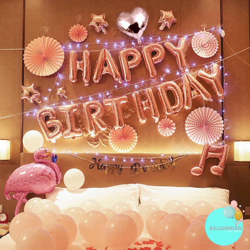 FLAMINGGO LED HAPPY BIRTHDAY DEKORASI SET/BALON FOIL FLAMINGGO/PAKET DEKORASI ULTAH ANAK PEREMPUAN