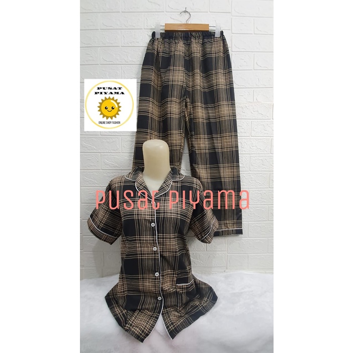 Setelan Lengan Pendek Piyama Baju Tidur Wanita Guilen Kotak Pajamas Cewek Dewasa Kekinian Abg-L Lgn Pendek Hitam
