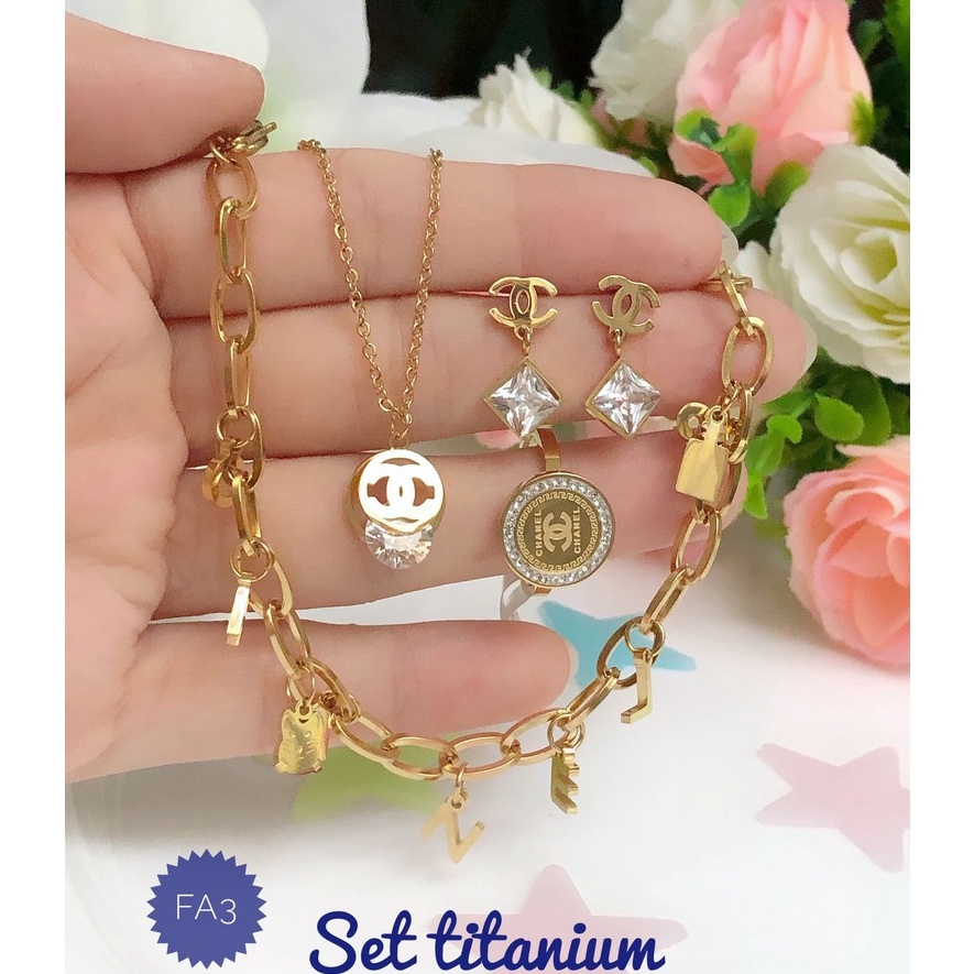 (JUN) TERMURAH Set Perhiasan TITANIUM Anti Karat Gelang Rantai Cincin Anting Kalung Chanel Modis Gol