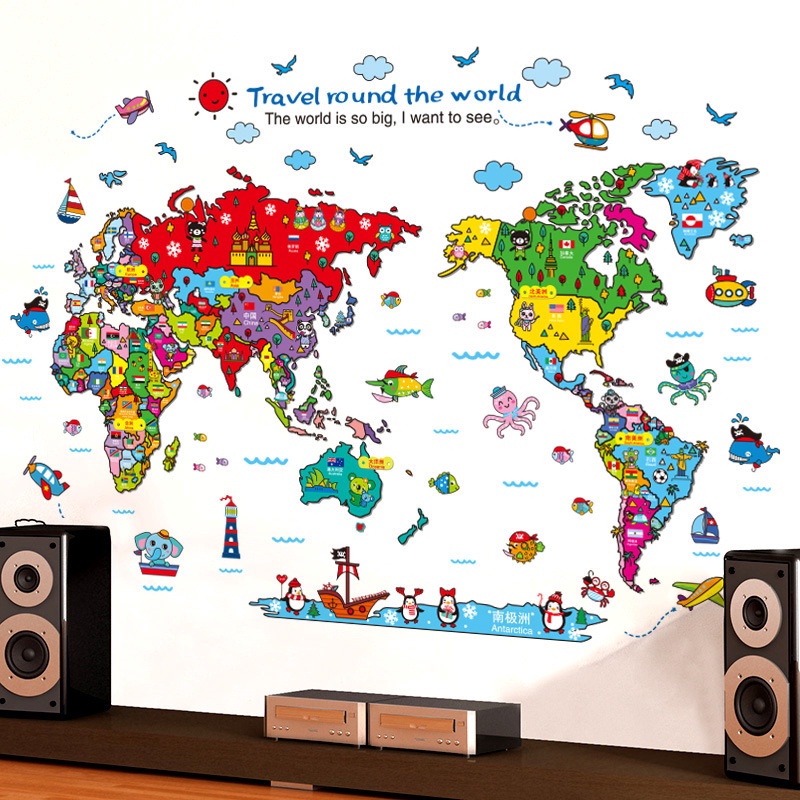 Colorful Cartoon Animal World Map Wall Stickers Modern Art Vinyl Decal Wall Mural