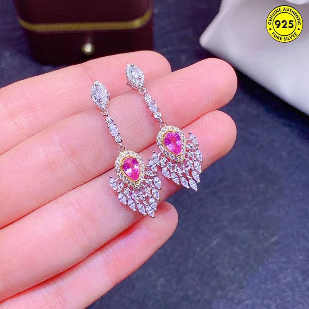 Anting Bentuk Water Drop Aksen Sapphire Warna Pink