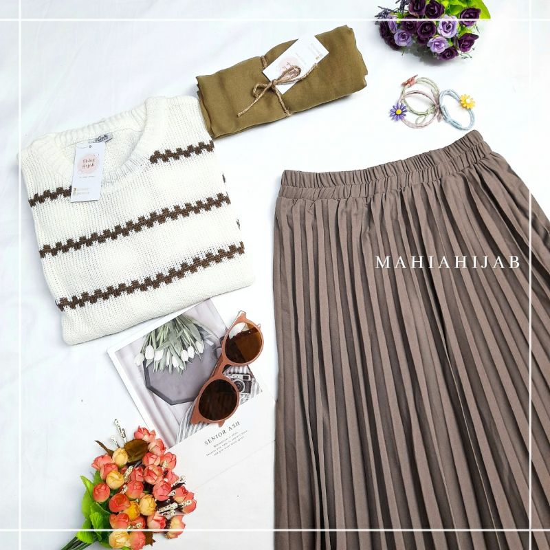 Kimi one set sweater + rok plisket by mahiahijab outfit PAKET HEMAT  ootd korean style , SETELAN LENGKAP