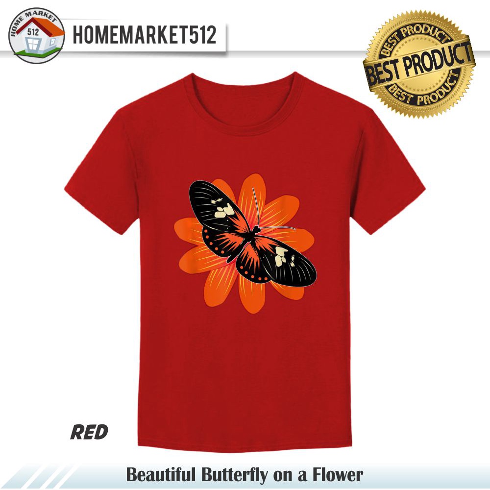 Kaos Wanita Beautiful Butterfly on a Flower Design - Butterfly T-Shirt Kaos Cewek Premium Sablon Anti Rontok !!!! | HOMEMARKET512-MERAH
