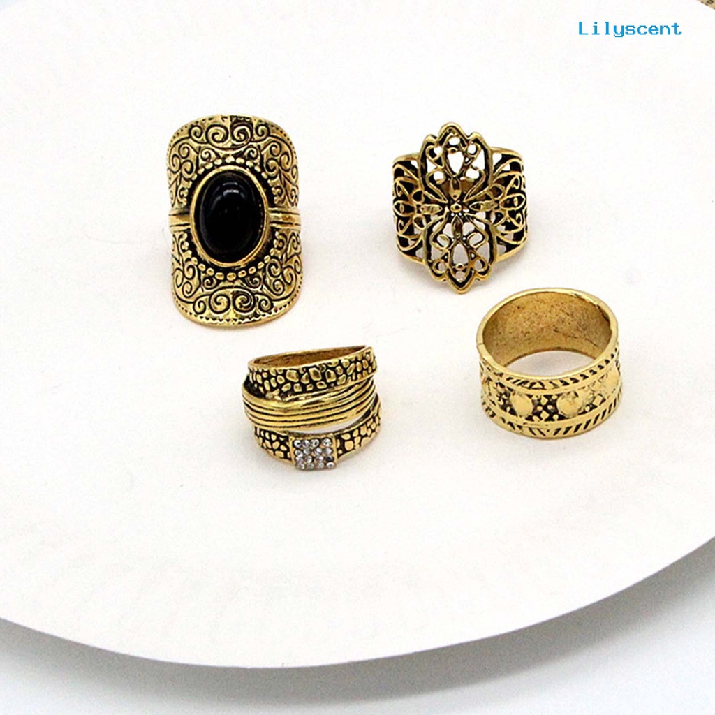 4pcs / Set Cincin Knuckle Bahan Alloy Motif Ukir Hollow Gaya Etnik Untuk Unisex