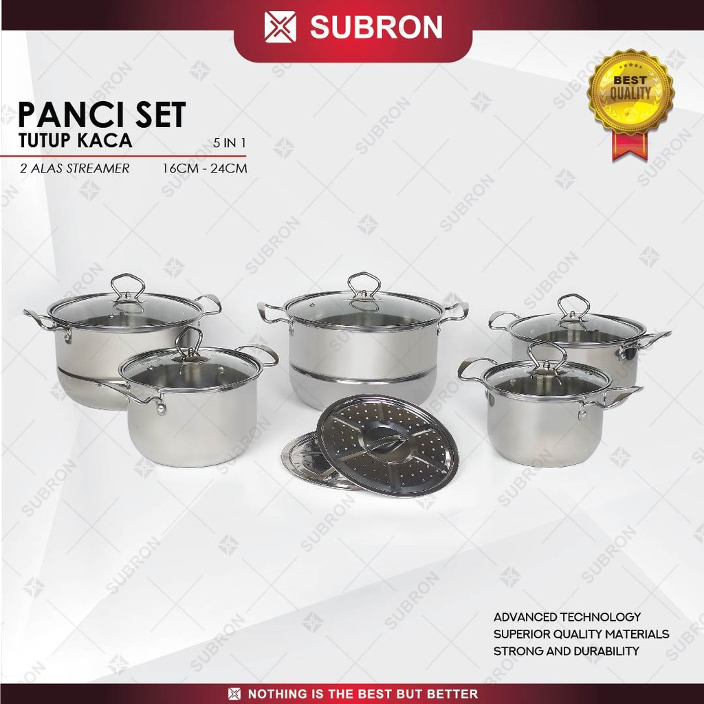 SUBRON Stock Pot Set Panci Tinggi Soup Tutup Stainless 5in1 + Steamer