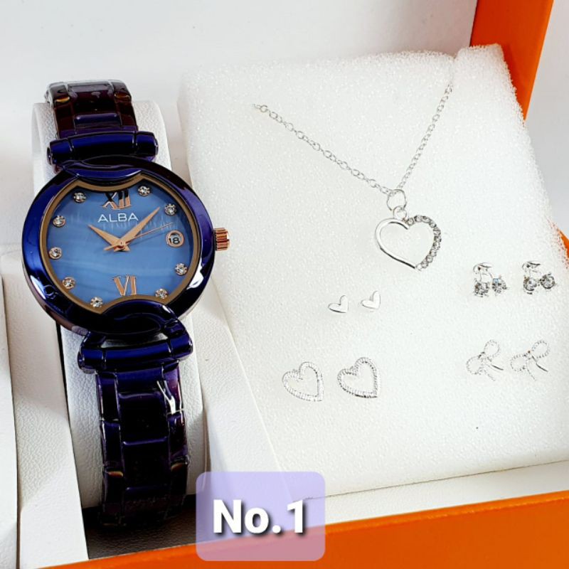 Jam Tangan Analog Wanita Alba AB478 Free 1 Kalung 4 Anting-Anting