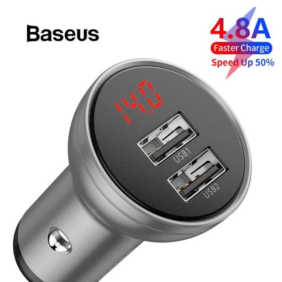 Baseus Car Charger 2 USB Digital Display 4.8A 24W Fast Charging Original Saver Casan Mobil Ori XiaoMi Samsung Oppo Vivo Dual USB Port