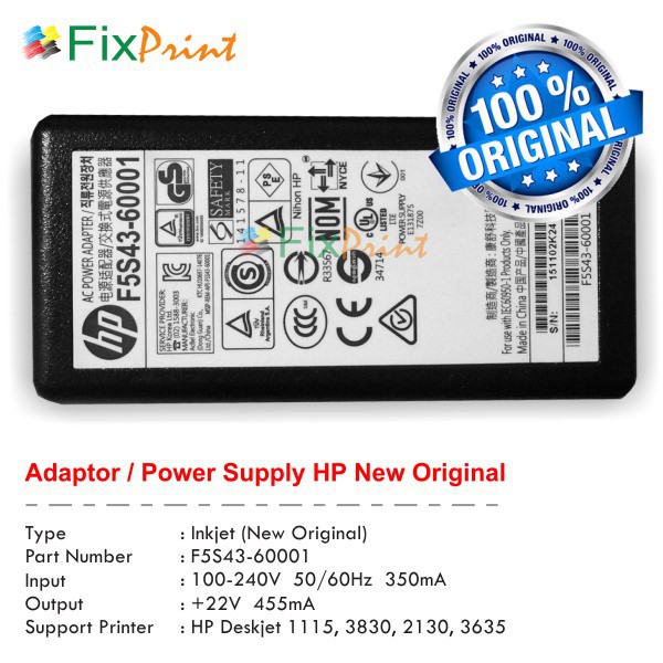 Adaptor 22 Volt F5S43-60001 Printer HP Deskjet 1110 1111 1112 GT-5810 GT-5820 3720 3721 2130 2132