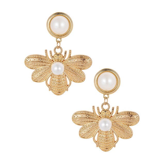 LRC Anting Tusuk Fashion Gold Color Bee&amp;pearls Decorated Simple F02371