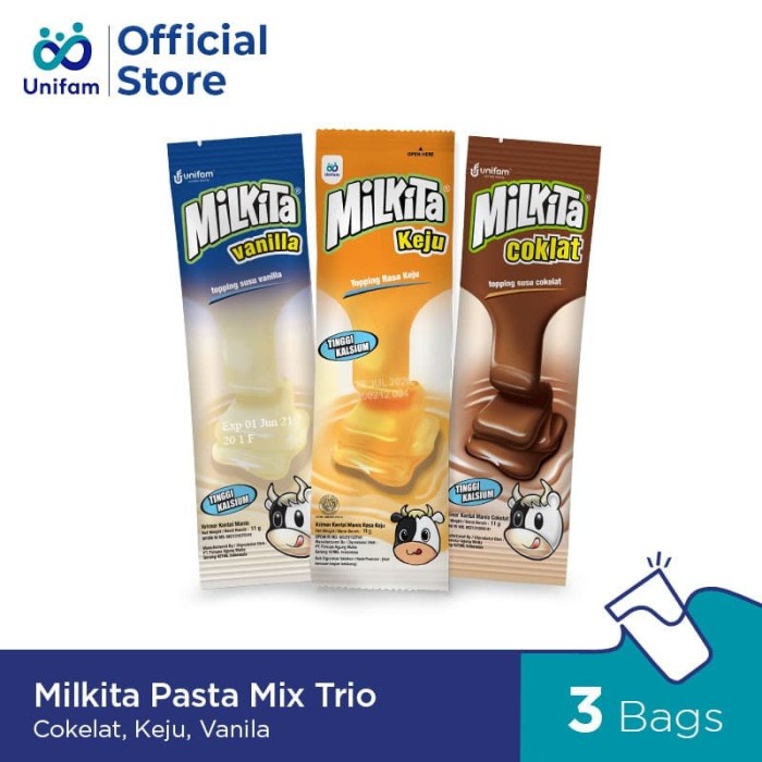 

Krim- Milkita Pasta Mix Trio Cokelat, Keju, Vanila -Krim.