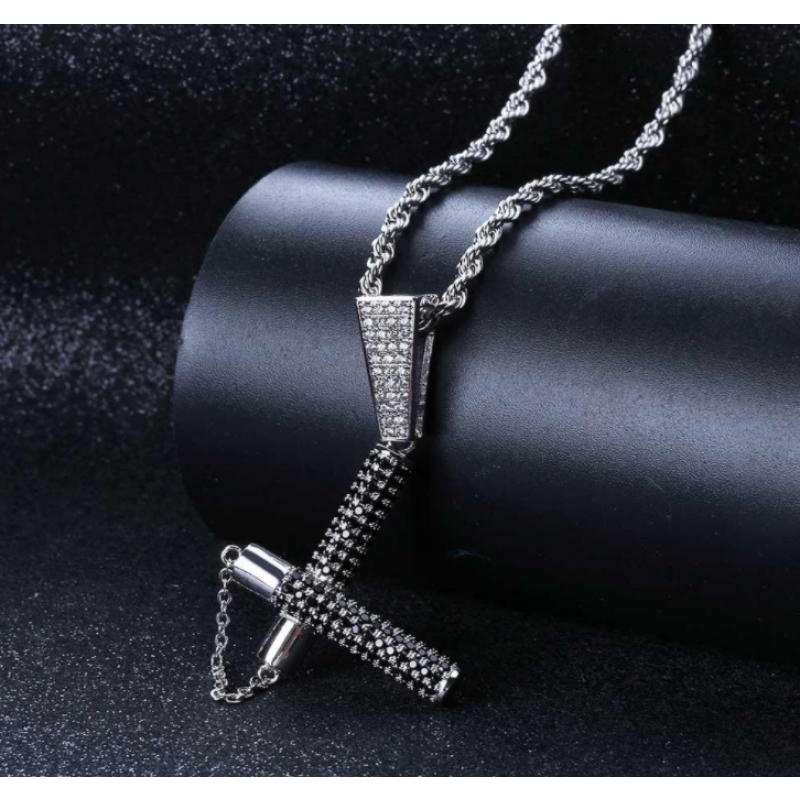 Kalung Rantai Liontin Nunchaku Hias Zircon Hitam Gaya Hip Hop Hipster Untuk Pria